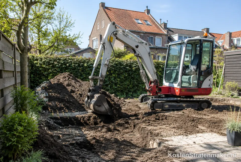 Minigraver bij grondwerk in een tuin