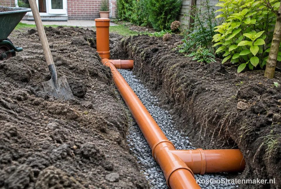 Nieuwe rioolbuizen in een sleuf