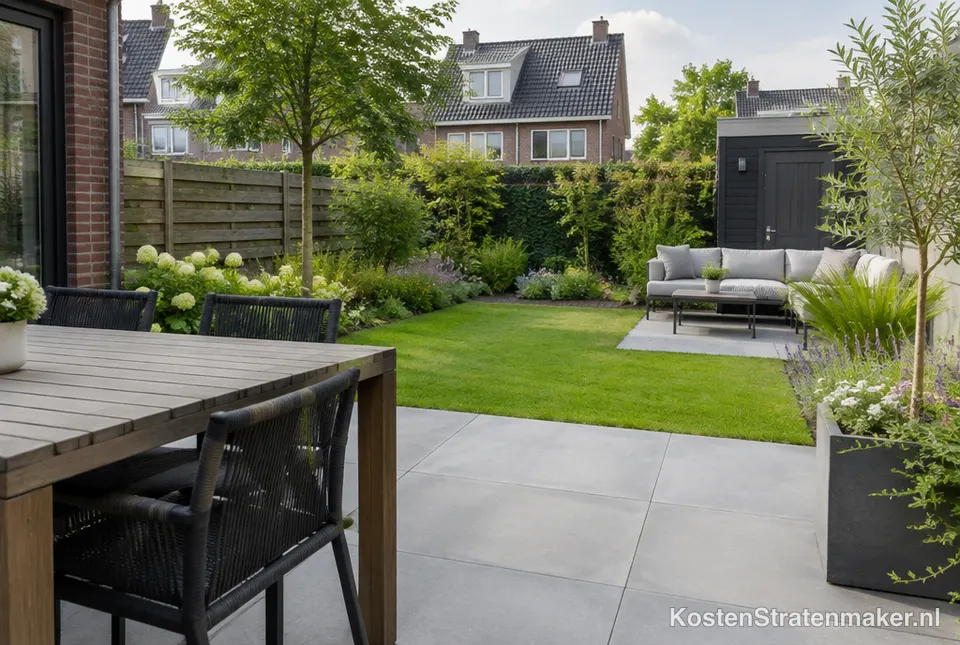 Nieuw bestraat terras in de tuin